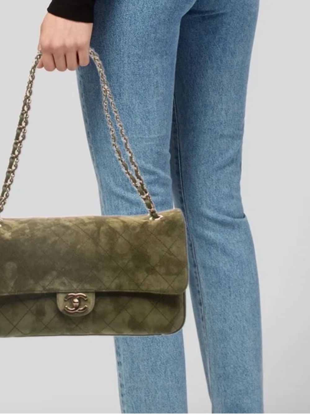 CHANEL Olive Green Quilted Suede Shoulder Bag with Turn-Lock